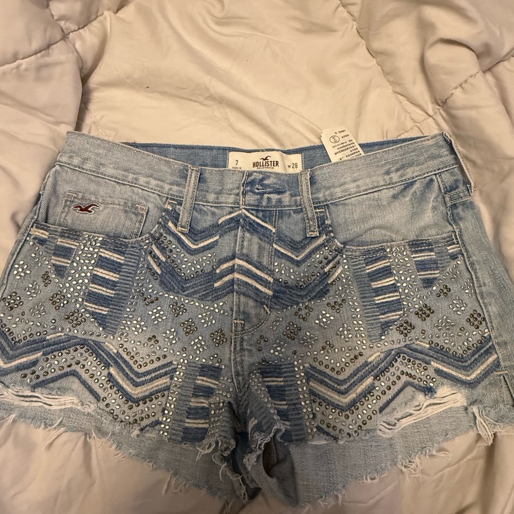 Hollister Women's Light Blue Embellished Jean Shorts